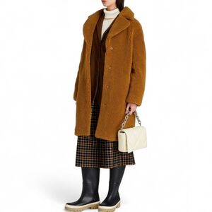 Stand Studio Camille Cocoon Brown Teddy Shearling Long Coat Women's Size s